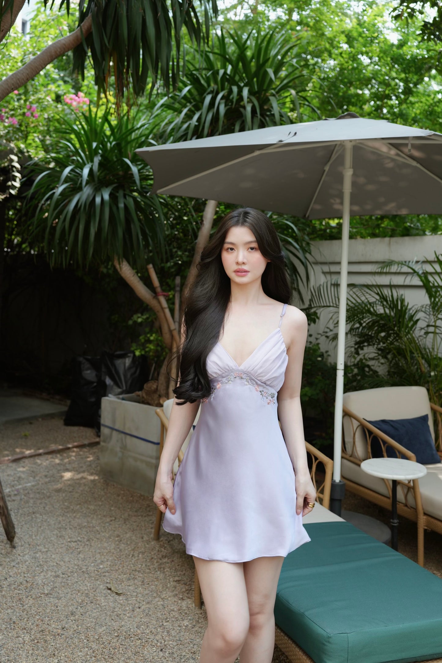 PURPLE EMBROIDERED FLORAL SATIN DRESS