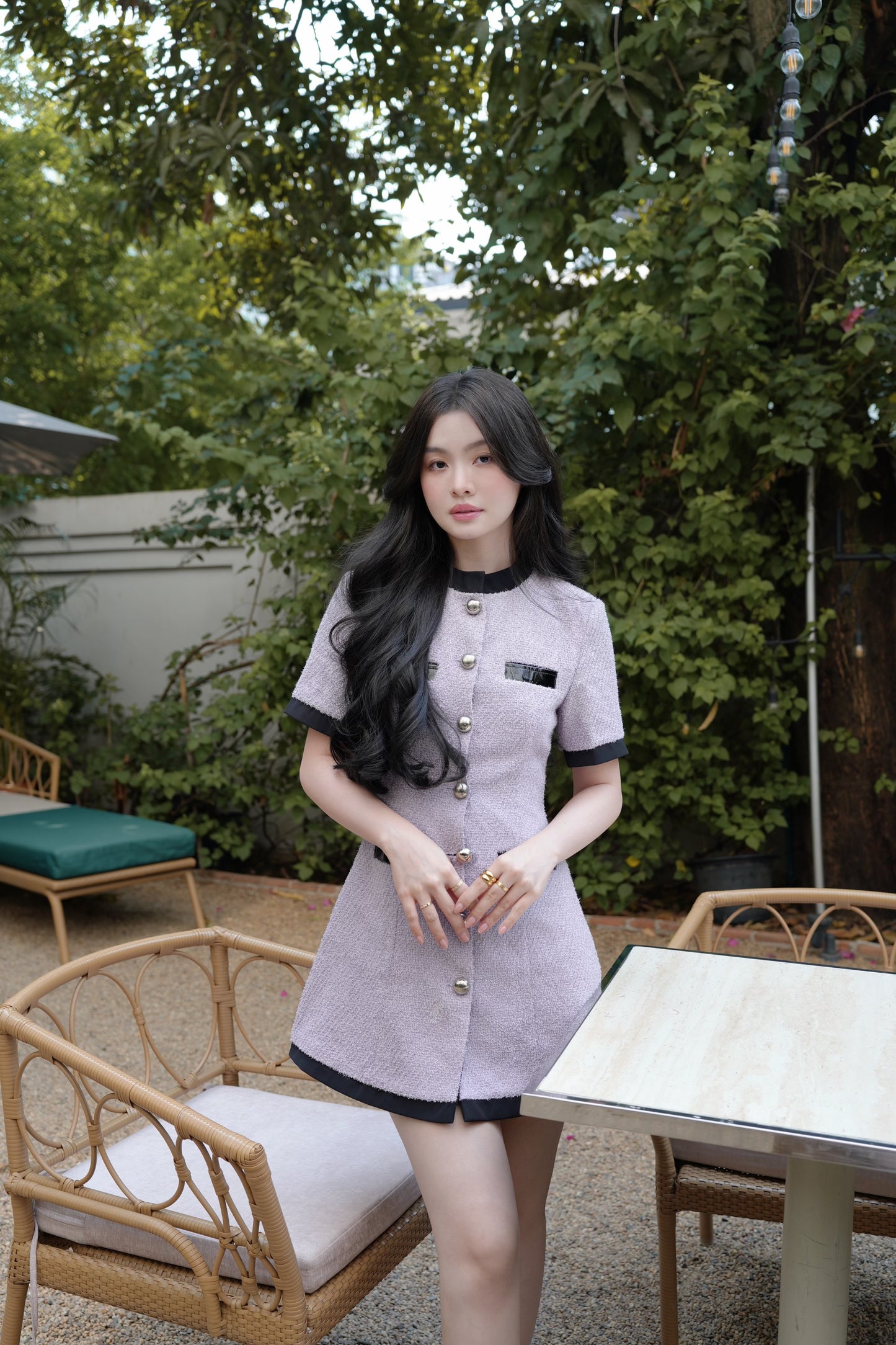 PURPLE BUTTON-DOWN TWEED DRESS