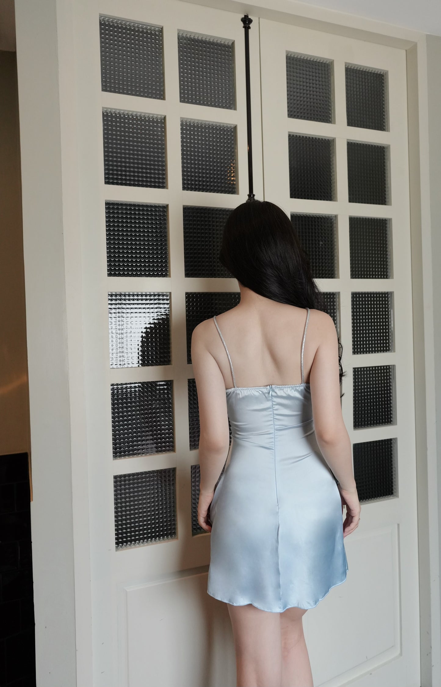 BLUE SATIN CUT-OUT DRESS