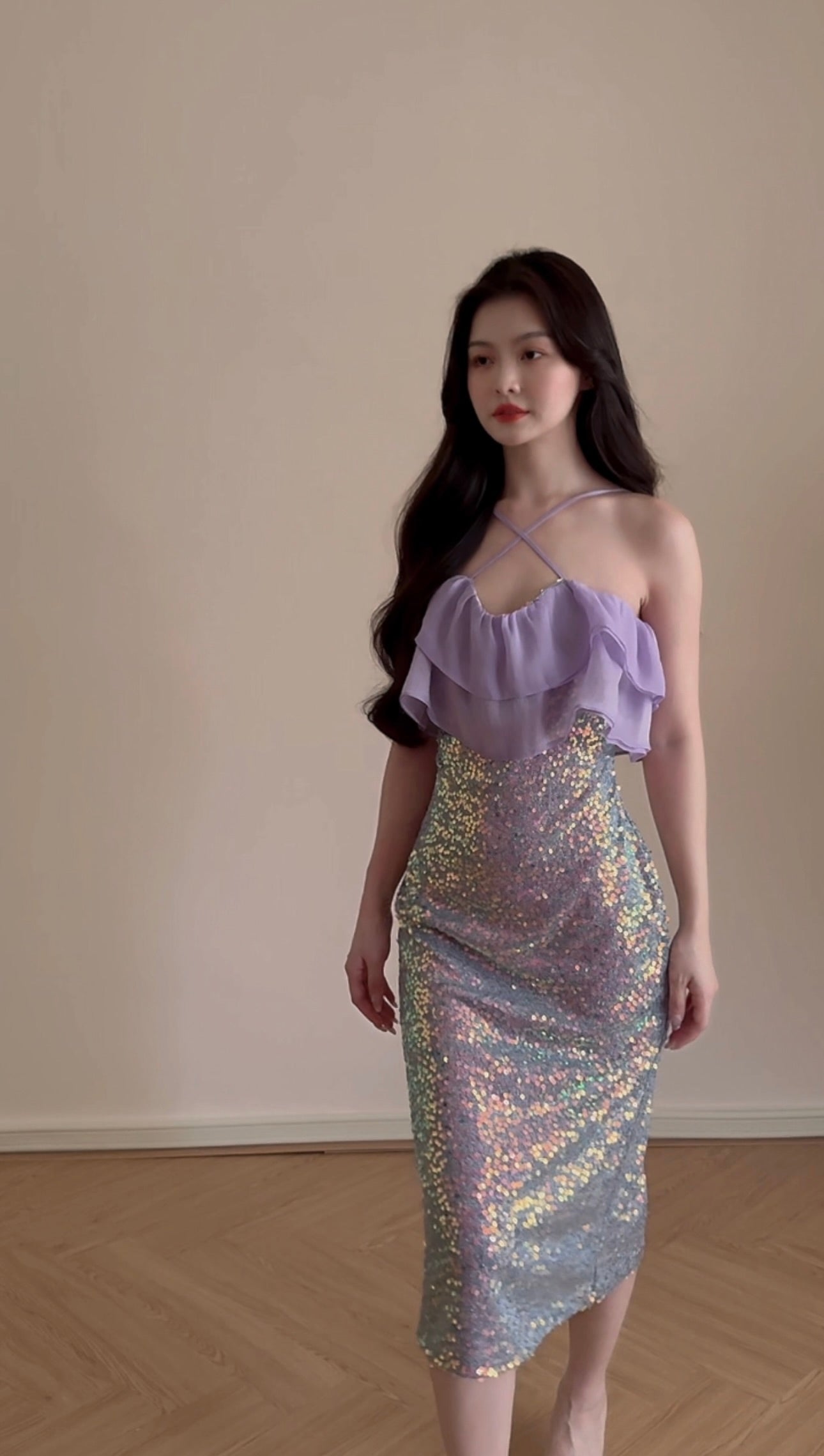 CROSS FRONT SEQUIN MIDI DRESS