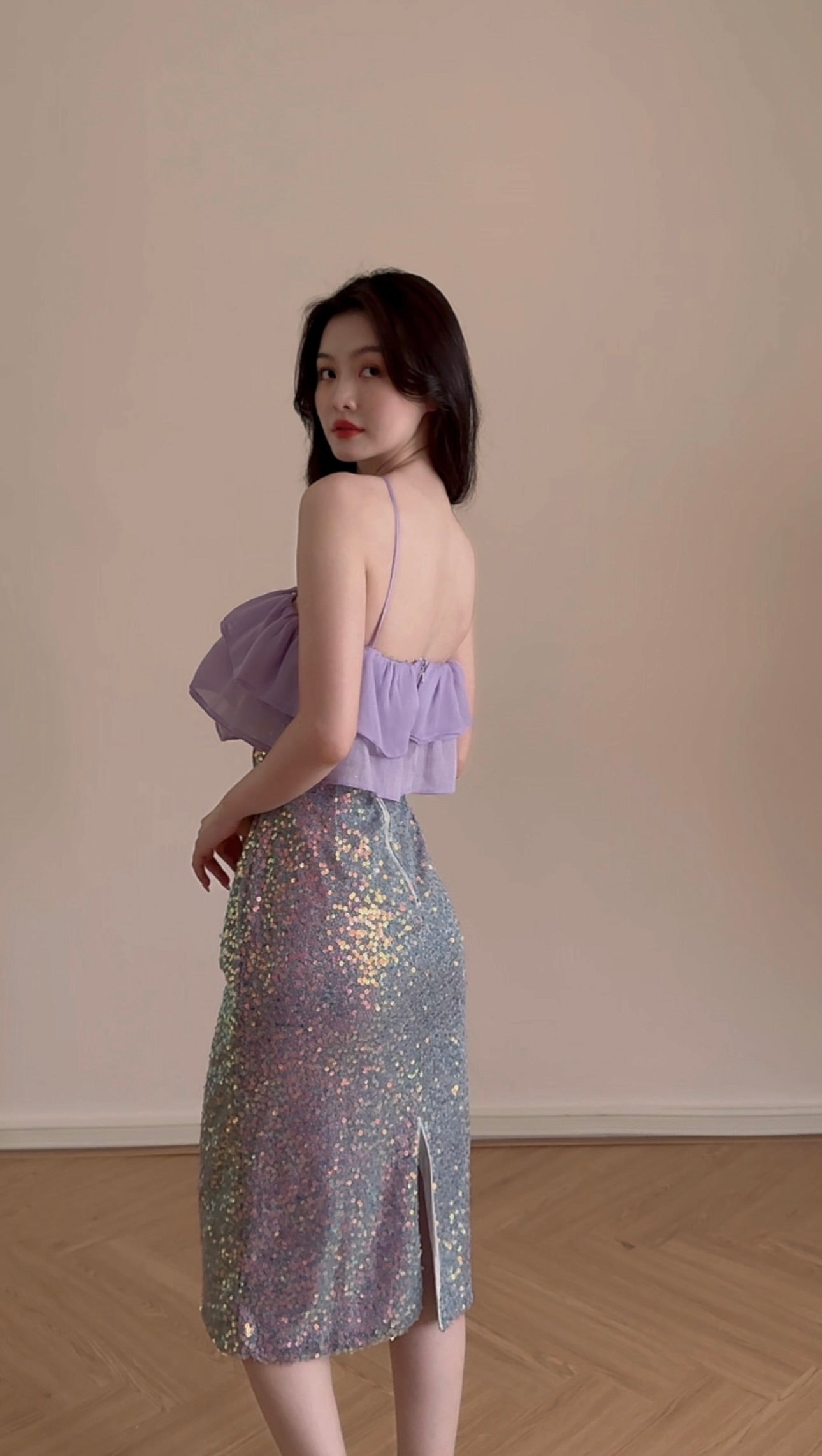 CROSS FRONT SEQUIN MIDI DRESS