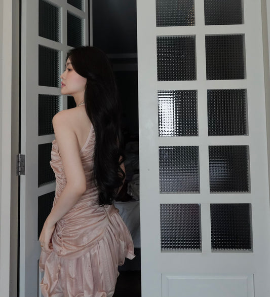 CHAMPAGNE RHINESTONE RUCHED DRESS