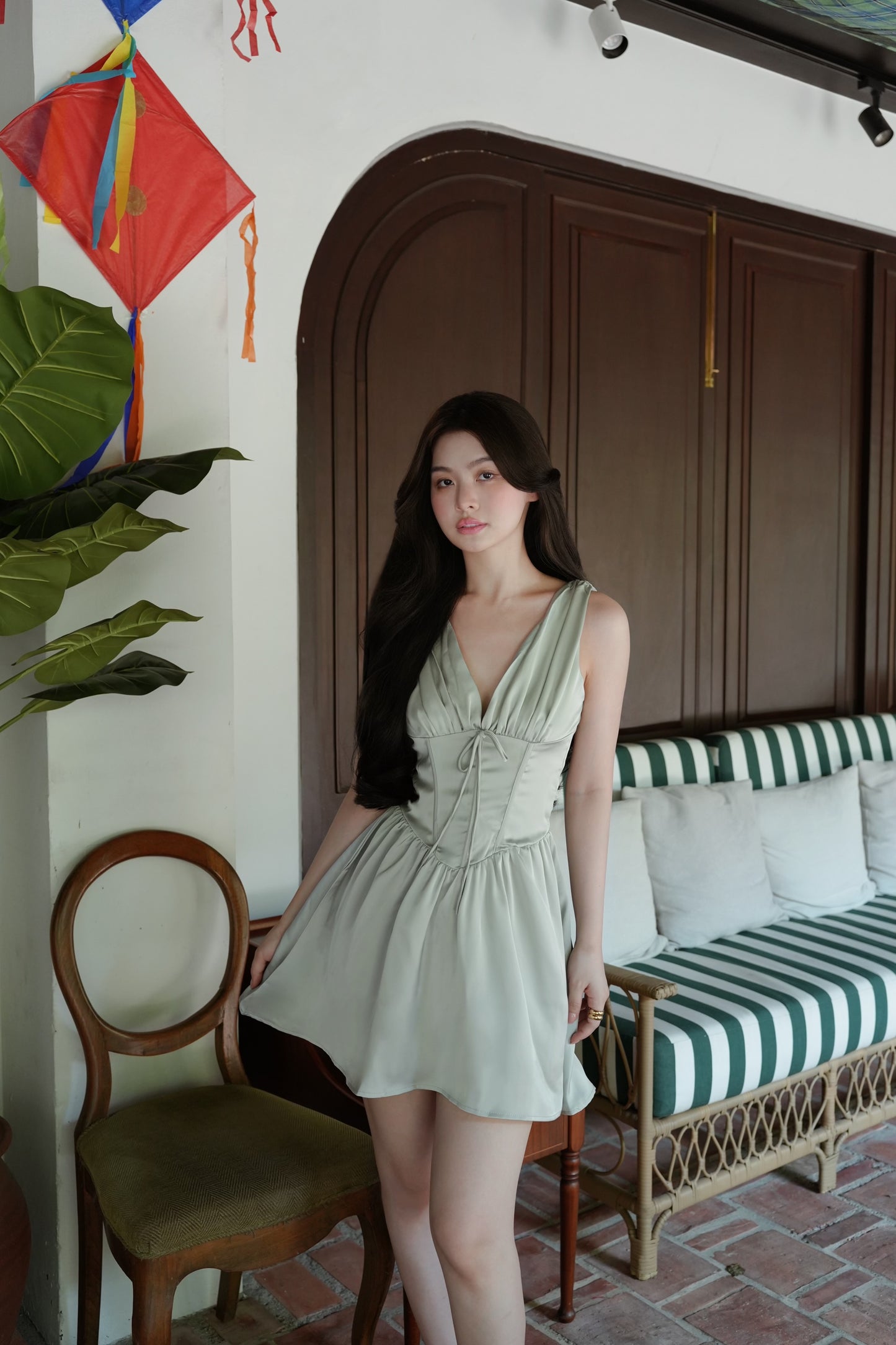 SAGE SATIN A-LINE DRESS