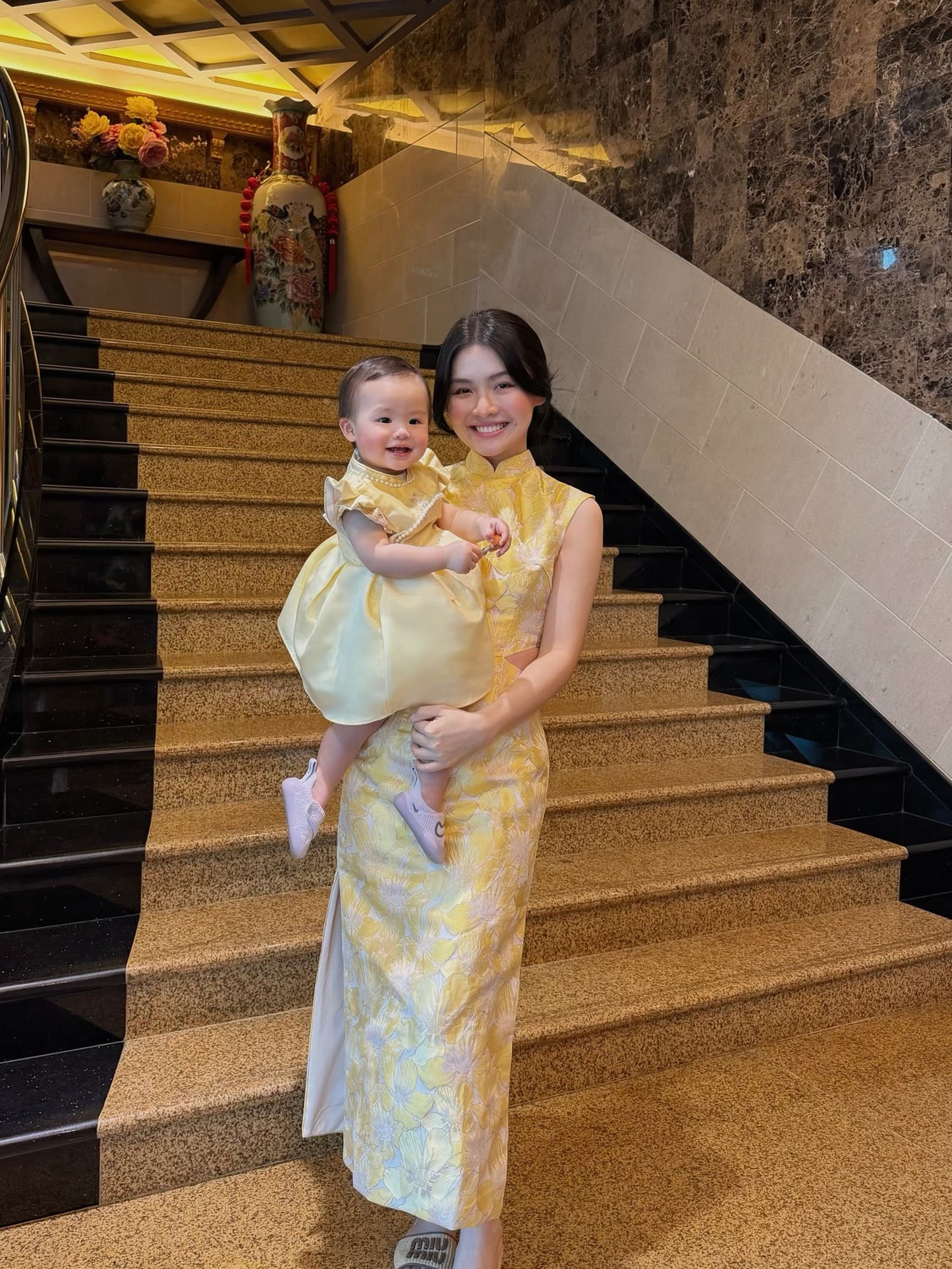 YELLOW PRINTED EMBROIDERED CHEONGSAM