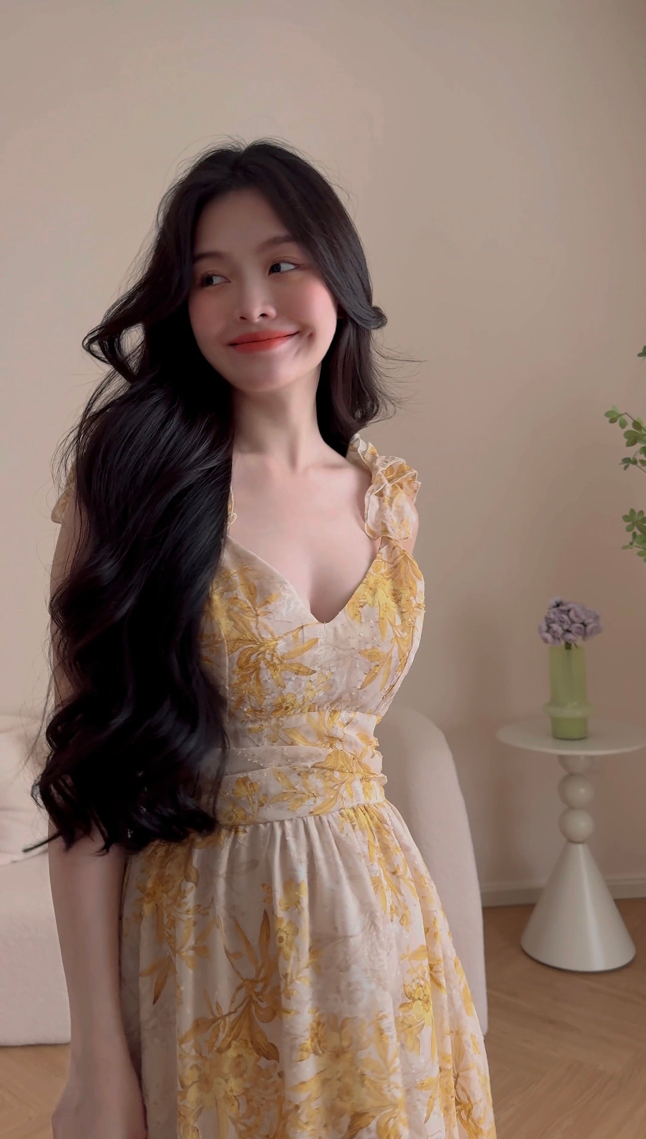 YELLOW FLORAL PRINTED LONG DRESS