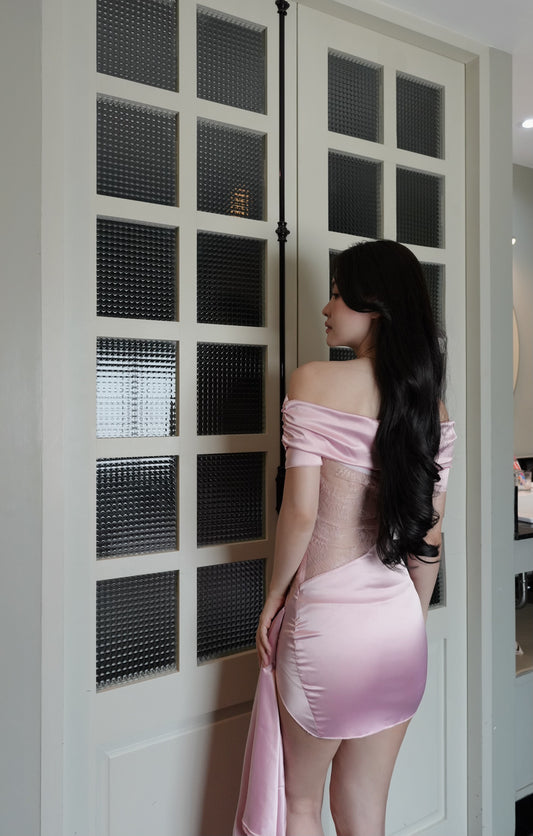 OFF-SHOULDER PINK SATIN LACE DRESS