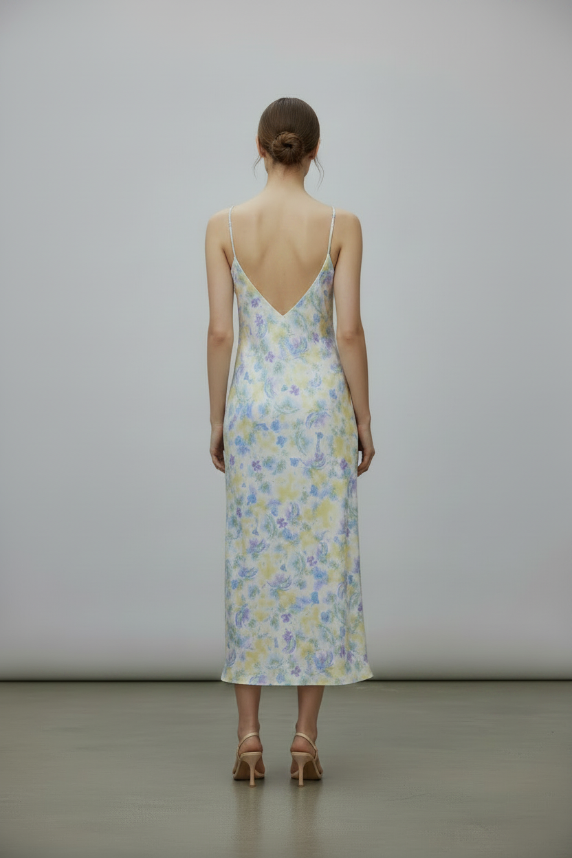 BLURRED FLORAL STRAPPY MAXI DRESS
