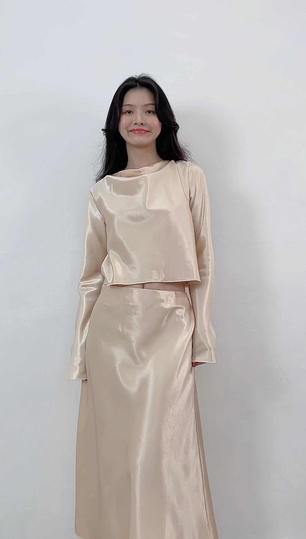 CREAM/BEIGE SATIN TOP&SKIRT TWO PIECE SETS