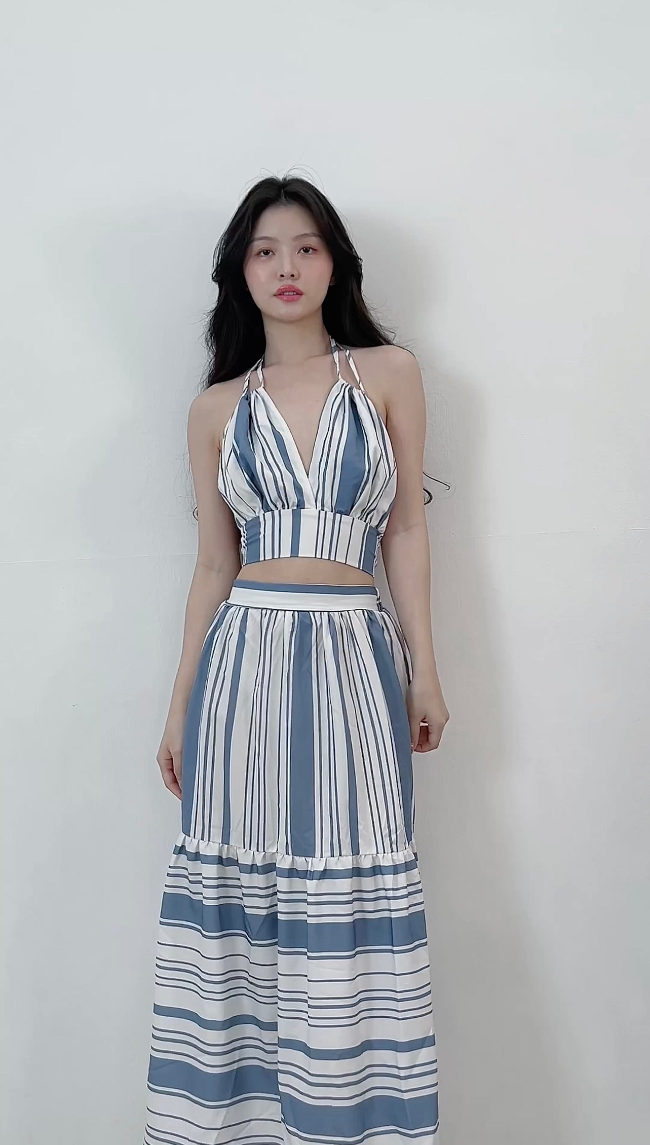 VERTICAL STRIPED TWO PIECE SETS TOP&LONG SKIRT