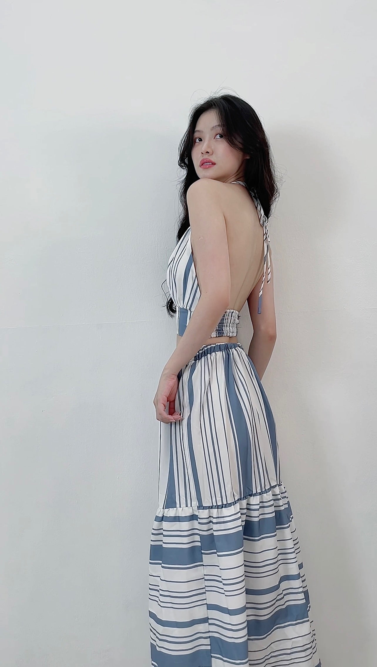 VERTICAL STRIPED TWO PIECE SETS TOP&LONG SKIRT