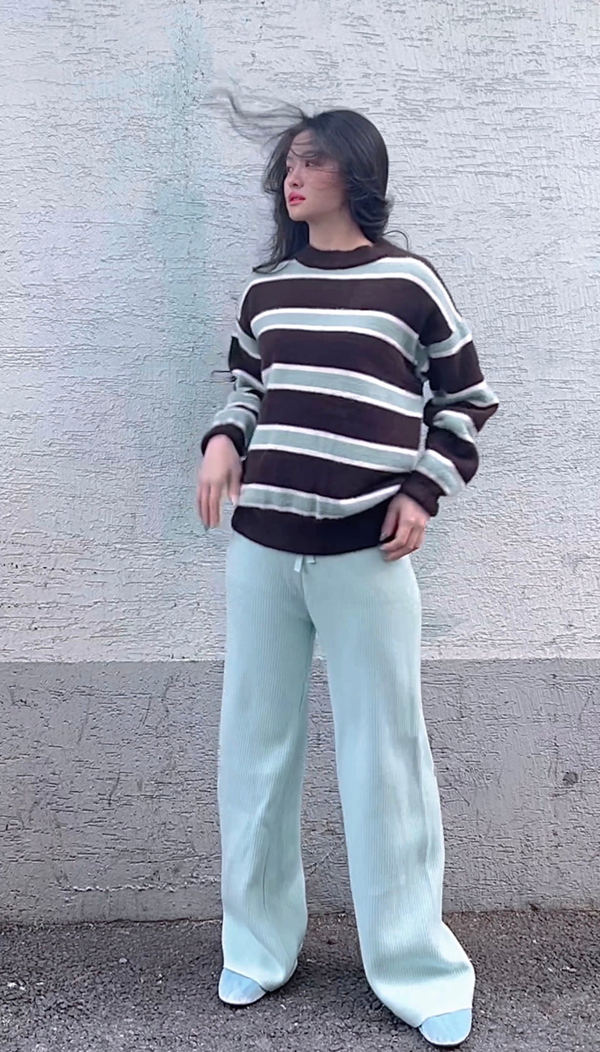 KOREA FLUFFY MINT GREEN BROWN LINEN SWEATER