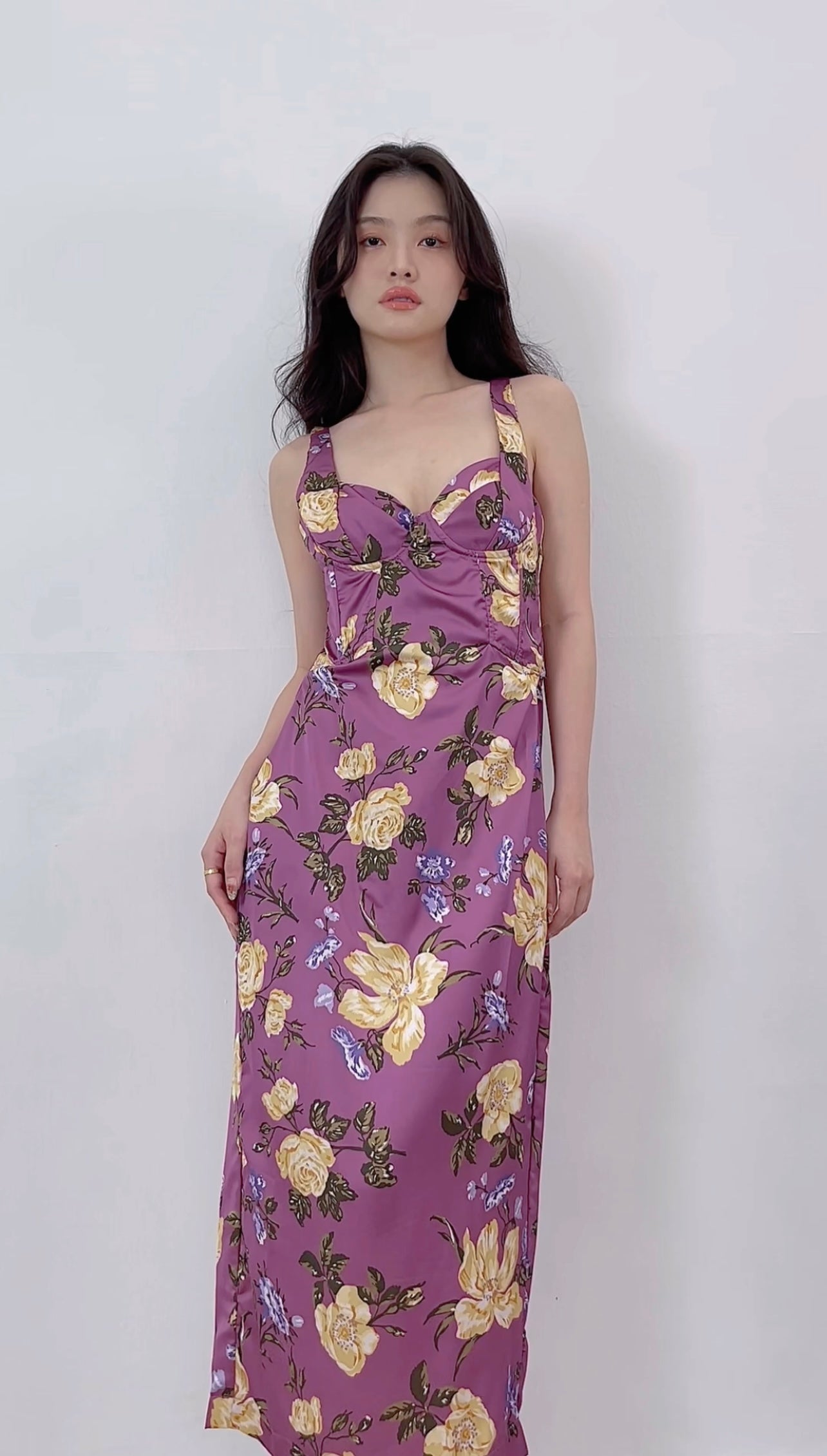 PURPLE SATIN FLORAL PRINTED LONG DRESS
