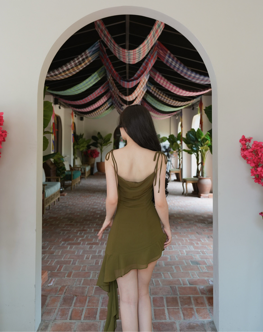 OLIVE GREEN RUFFLED ASYMMETRICAL DRESS