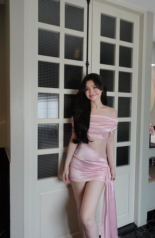 OFF-SHOULDER PINK SATIN LACE DRESS