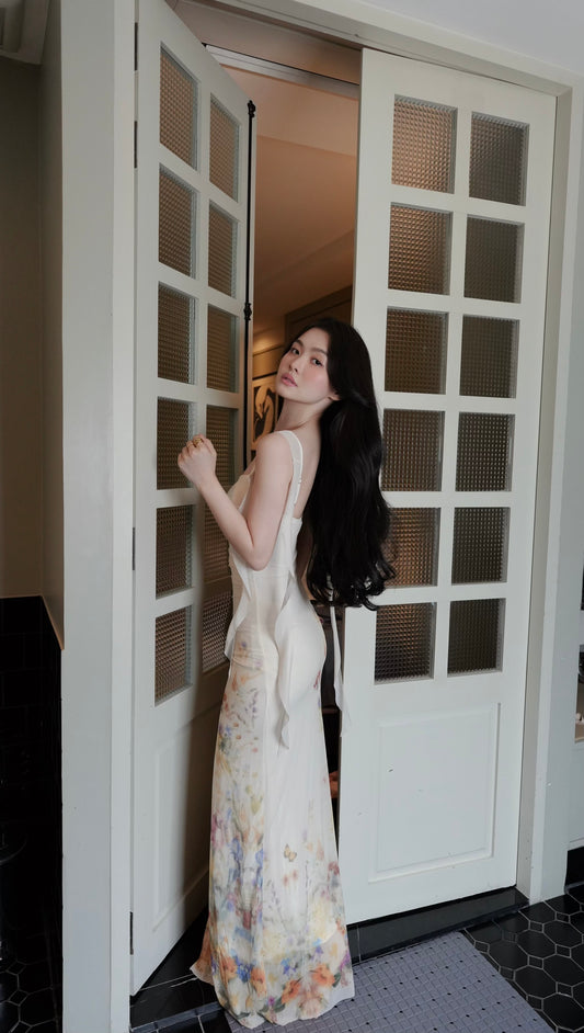 CREAM FLORAL HEMLINE MAXI DRESS