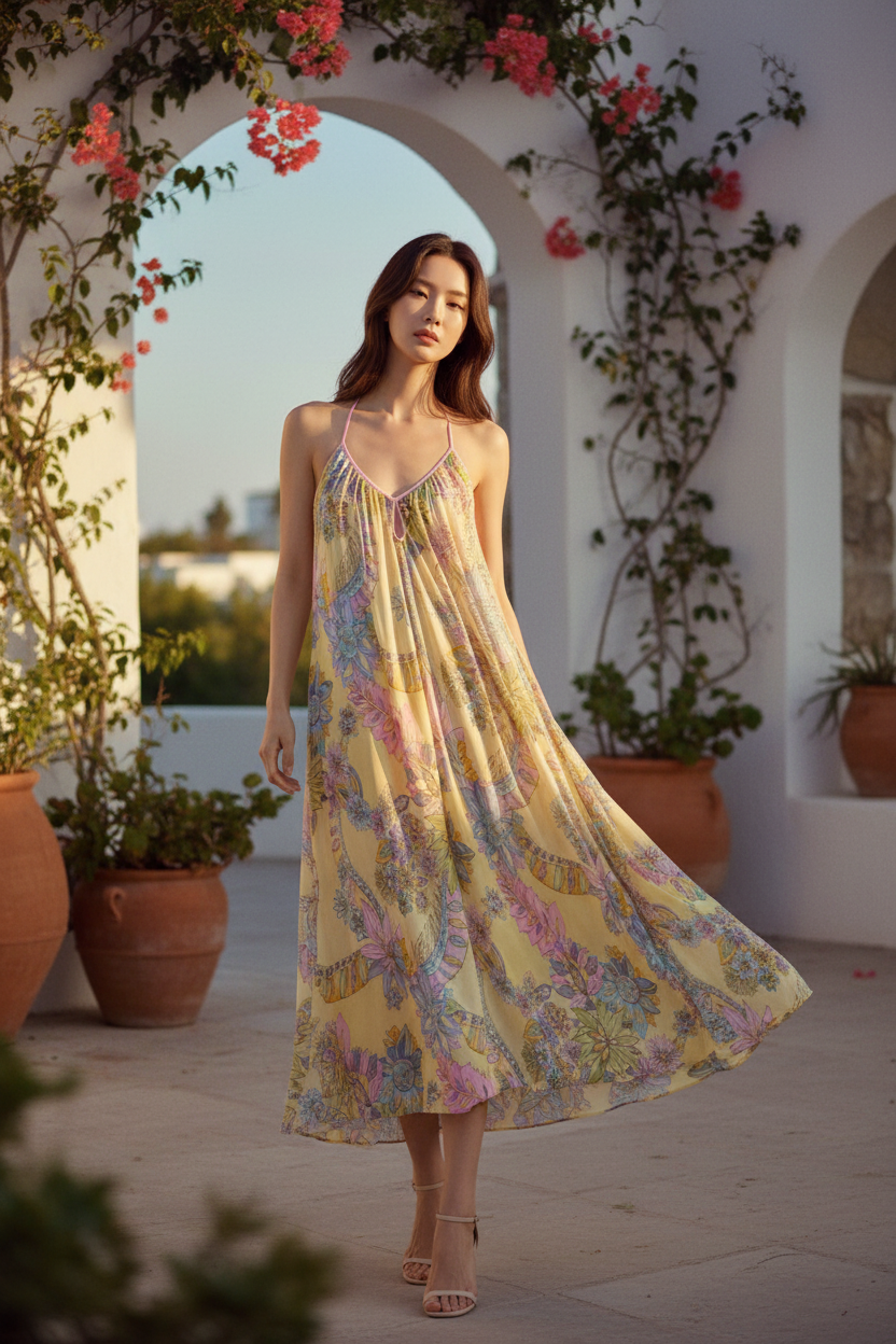 PRINTED CROSS-BACK MAXI DRESS
