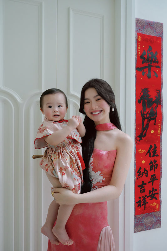 RED SATIN PEARL EMBROIDERED BABY CHEONGSAM BCSC002