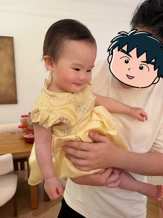 YELLOW PRINTED EMBROIDERED BABY CHEONGSAM BCSC003