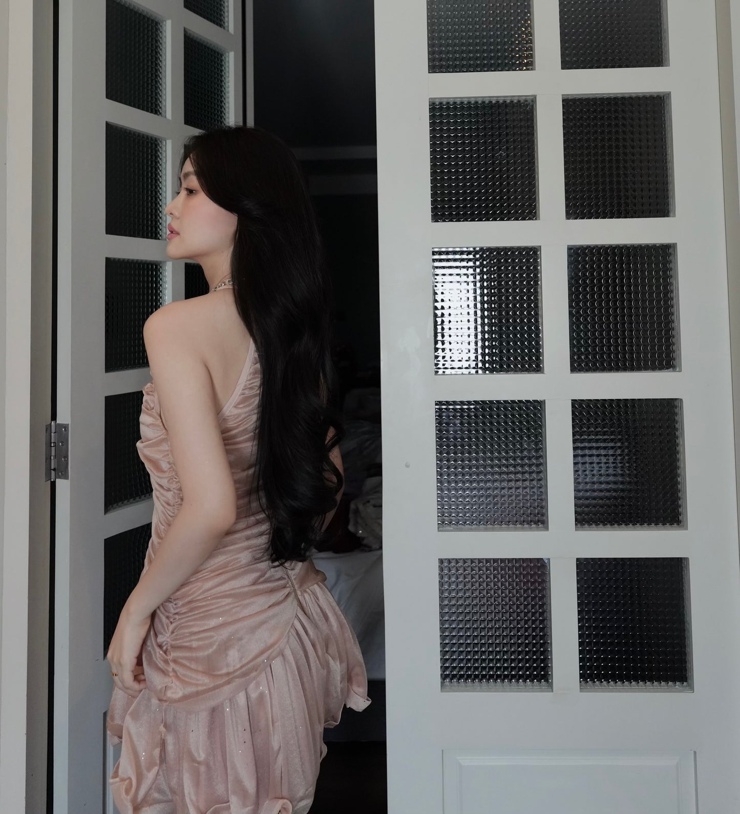 CHAMPAGNE RHINESTONE RUCHED DRESS