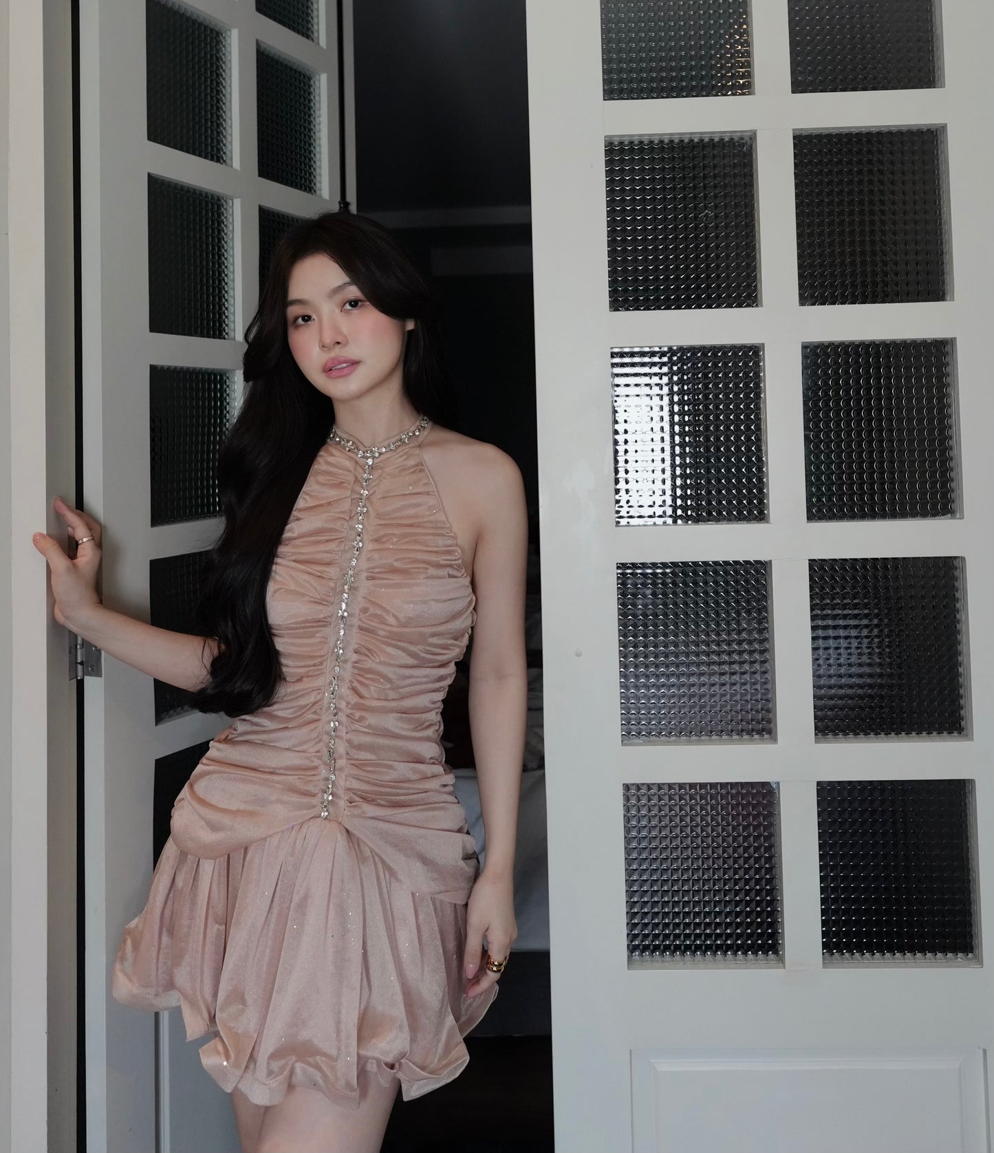 CHAMPAGNE RHINESTONE RUCHED DRESS