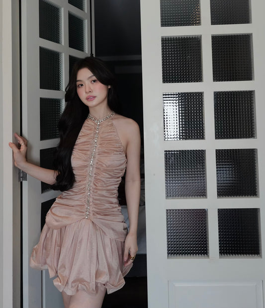 CHAMPAGNE RHINESTONE RUCHED DRESS