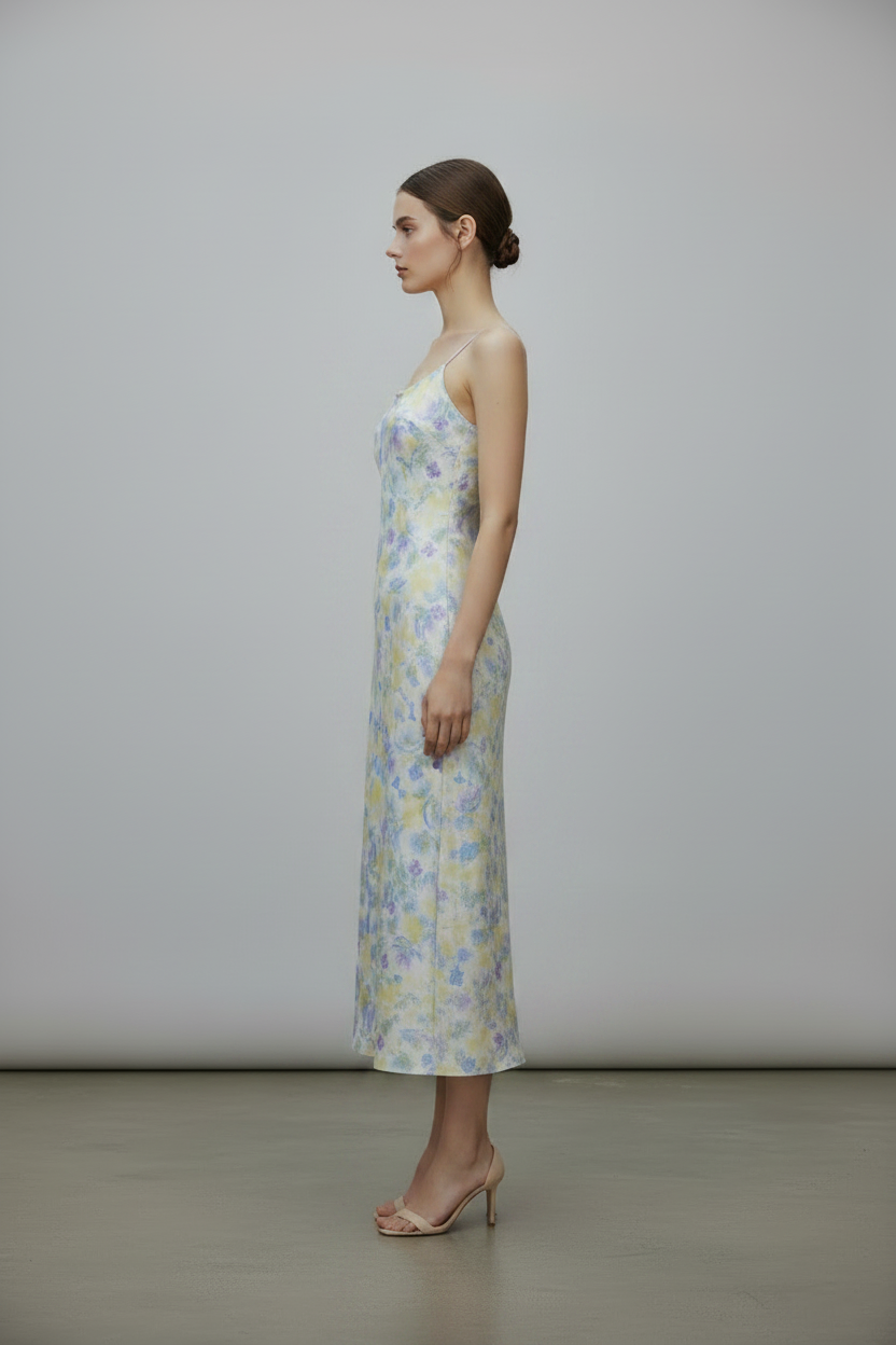 BLURRED FLORAL STRAPPY MAXI DRESS