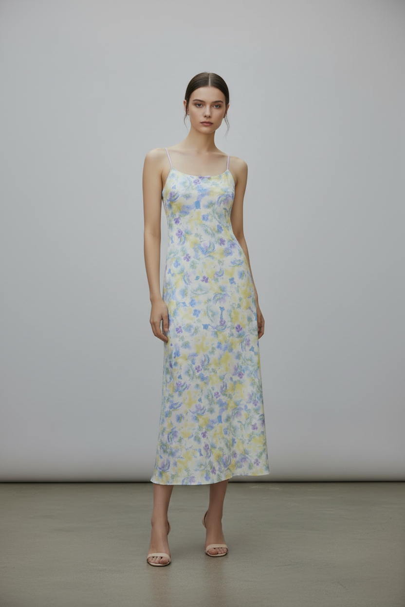 BLURRED FLORAL STRAPPY MAXI DRESS