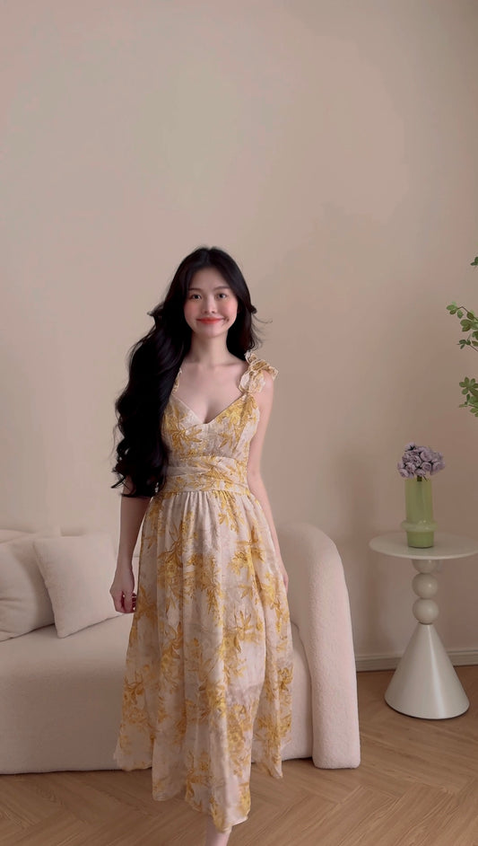 YELLOW FLORAL PRINTED LONG DRESS