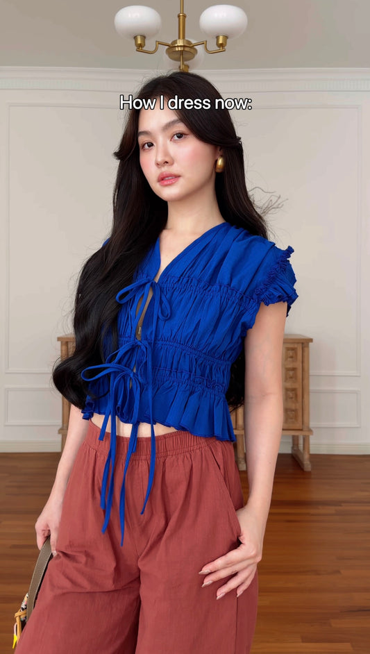 FRENCH VINTAGE CHECKED BLUE RUFFLE TOP
