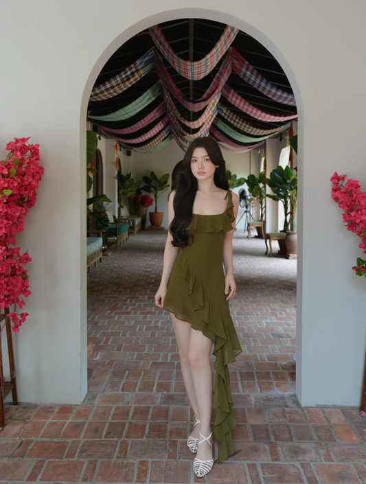 OLIVE GREEN RUFFLED ASYMMETRICAL DRESS