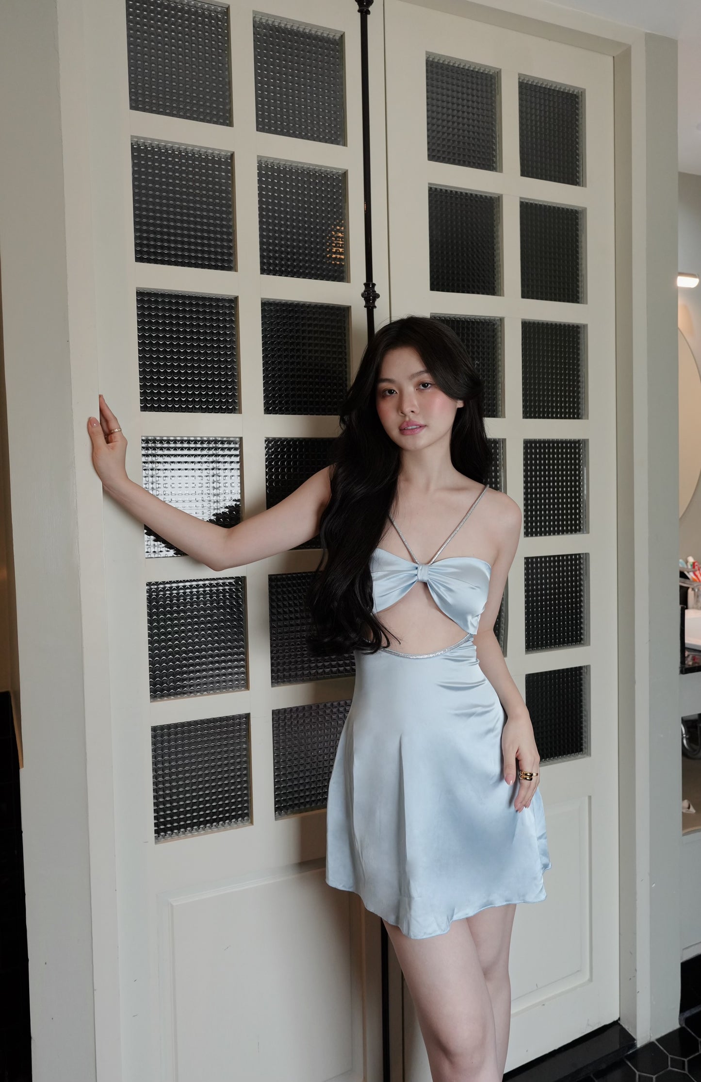 BLUE SATIN CUT-OUT DRESS