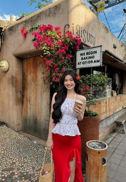 RED RUFFLED LONG SKIRT