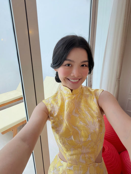 YELLOW PRINTED EMBROIDERED CHEONGSAM
