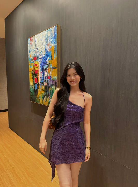 BACKLESS PURPLE SEQUINS MINI DRESS