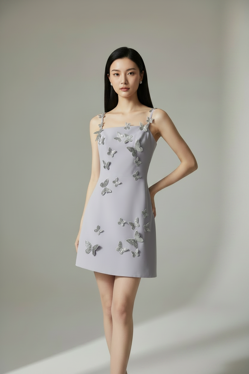 PURPLE BUTTERFLY APPLIQUÉ MINI DRESS