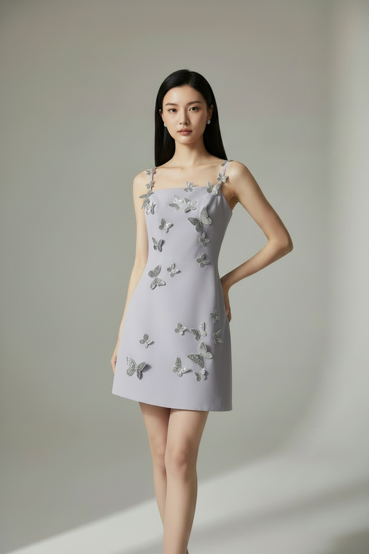 PURPLE BUTTERFLY APPLIQUÉ MINI DRESS