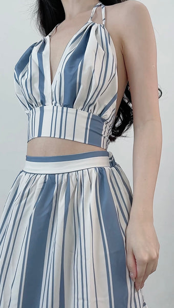 VERTICAL STRIPED TWO PIECE SETS TOP&LONG SKIRT
