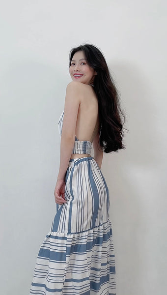 VERTICAL STRIPED TWO PIECE SETS TOP&LONG SKIRT