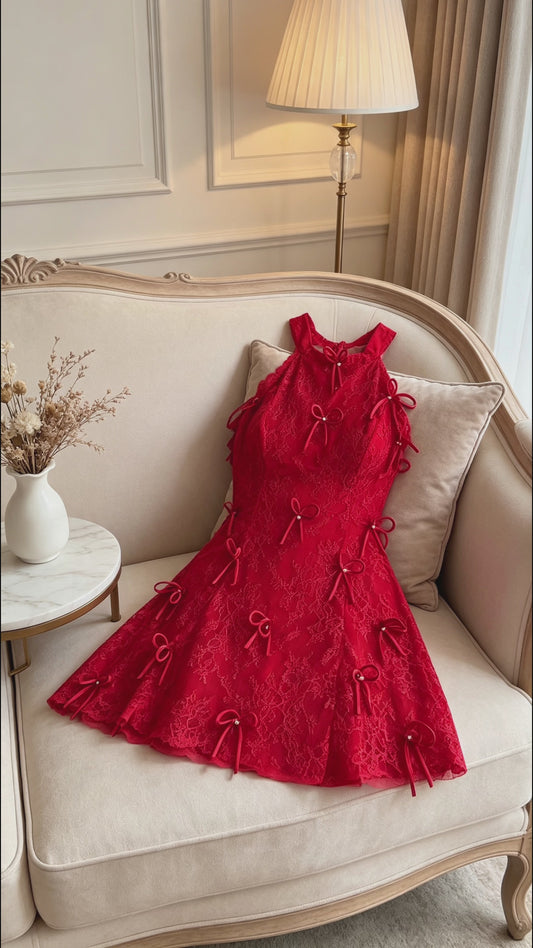 LACE BOW HALTER DRESS