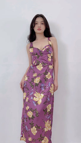 PURPLE SATIN FLORAL PRINTED LONG DRESS