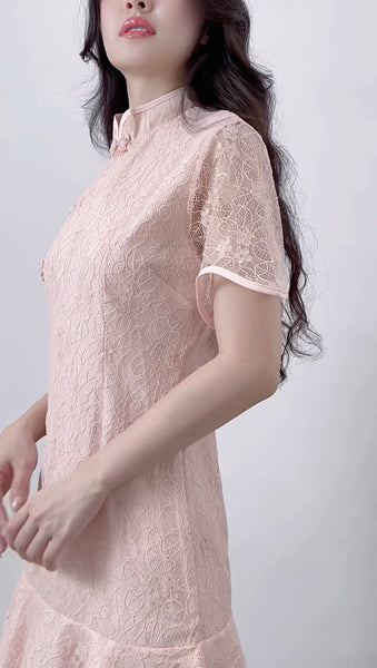 ELEGANT PINK LACE CHEONGSAM