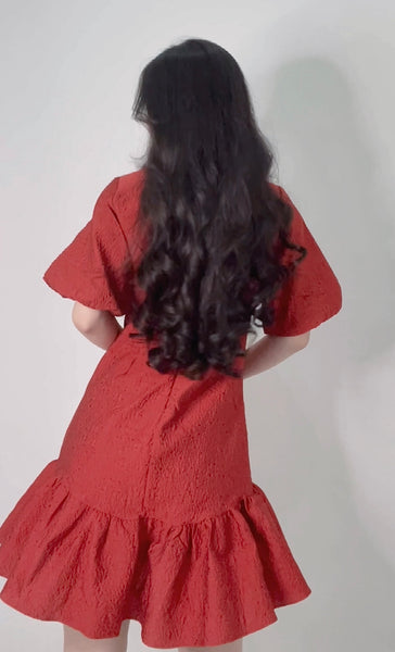 PUFF SLEEVES FISHTAIL RED DRESS