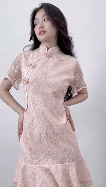 ELEGANT PINK LACE CHEONGSAM