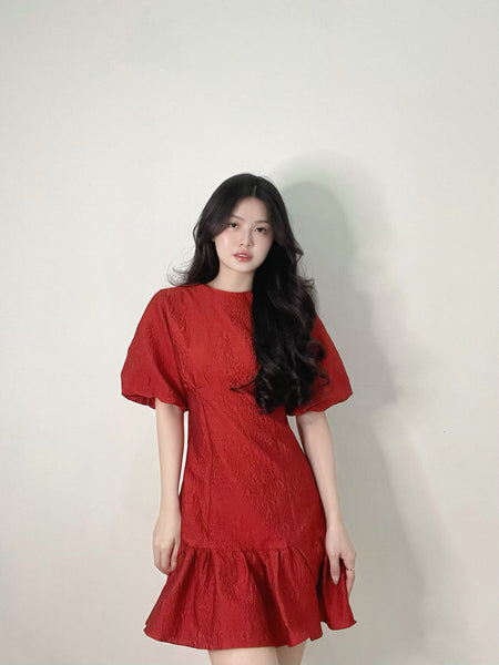 PUFF SLEEVES FISHTAIL RED DRESS